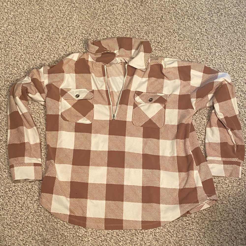 Cuddl Duds Brown and Cream Plaid Blouse